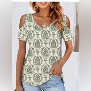Green Patterned Cold Shoulder Top